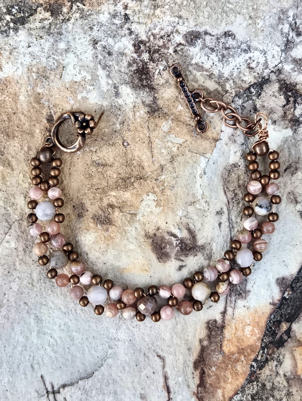 Natural Rhodochrosite In Blush Pink Handwoven Artisan Bracelet In Antique Copper